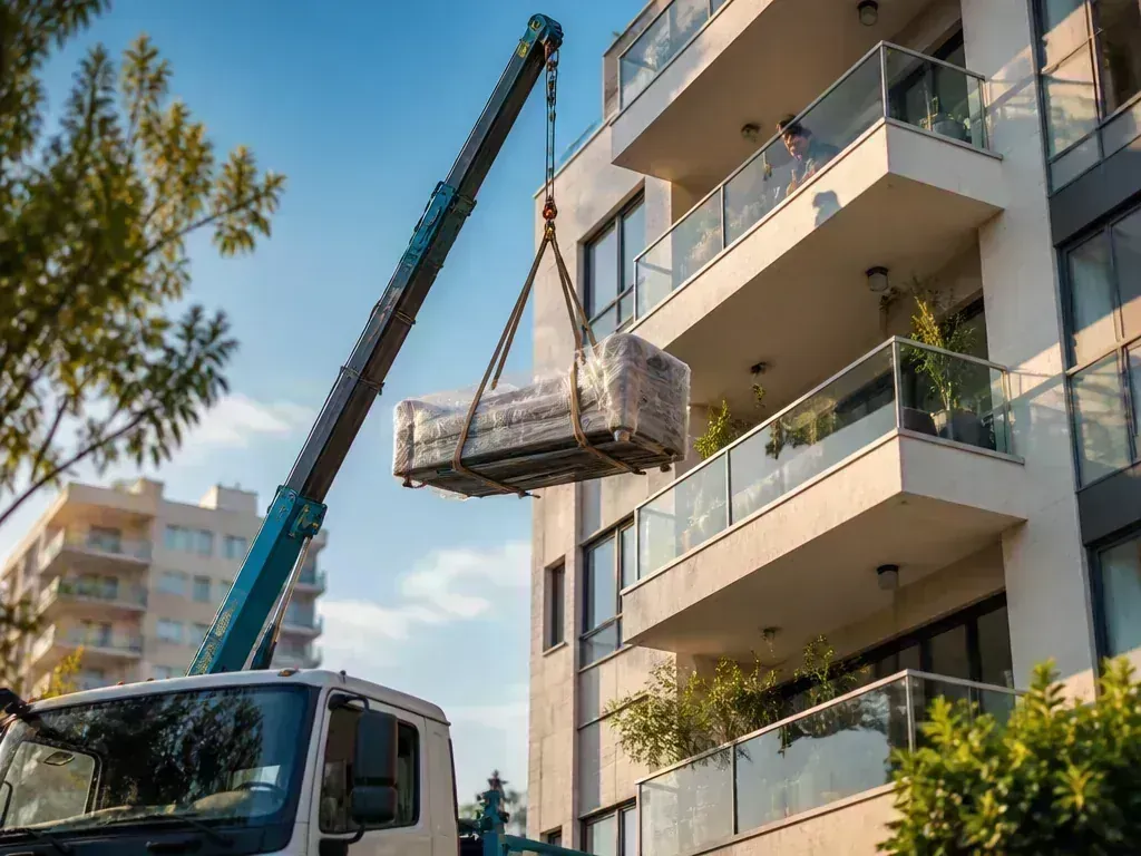 מנוף הובלה מעלה ספה דרך חלון בקומה גבוהה