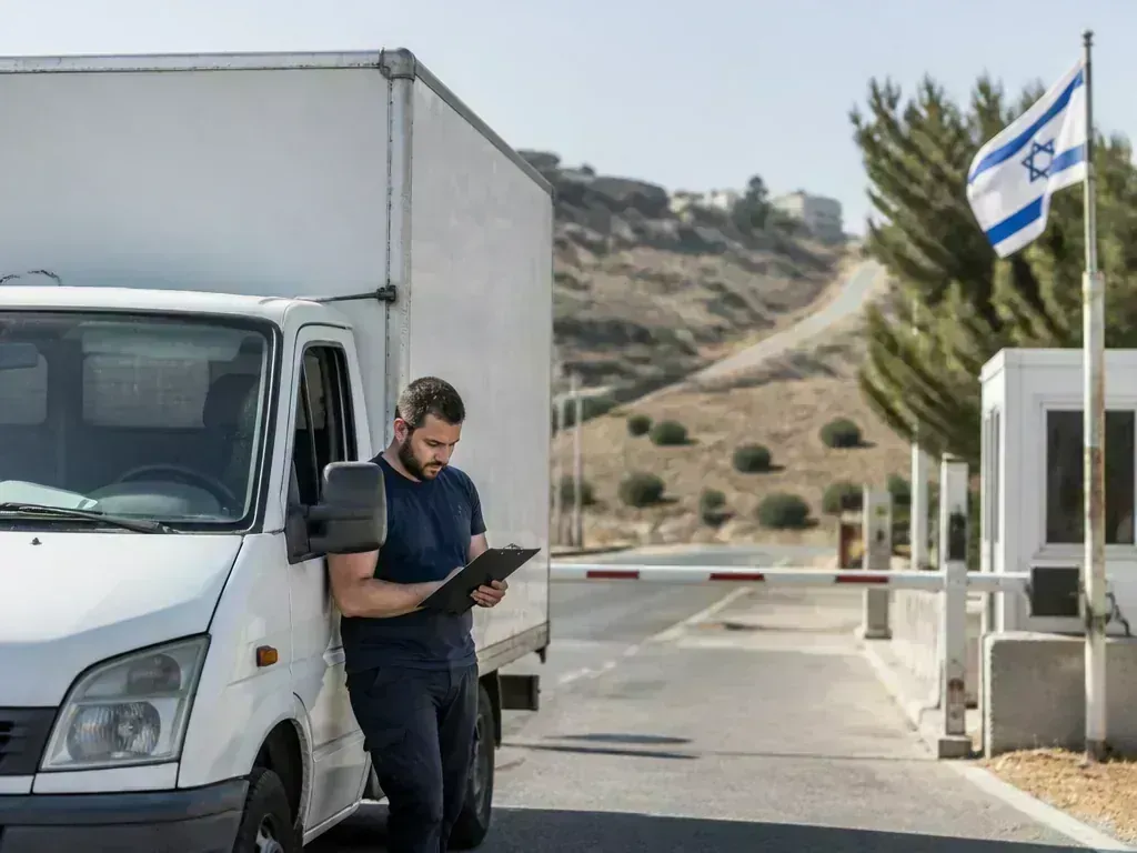 משאית הובלה בכניסה למחסום בודק רישיונות