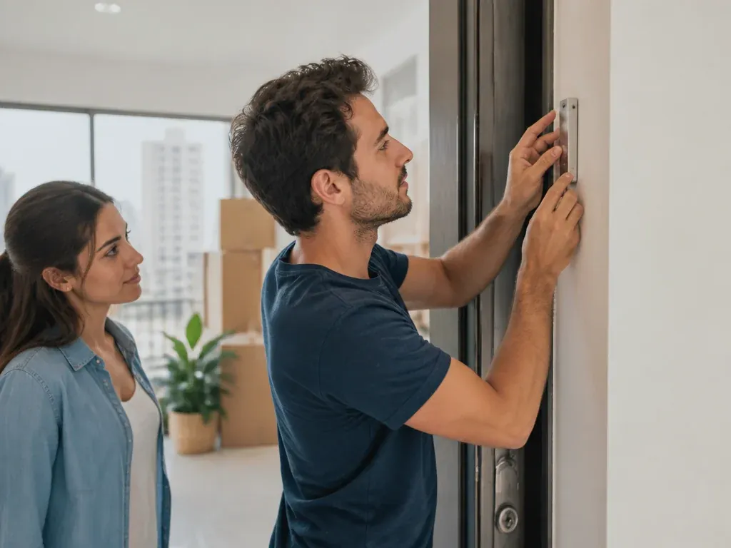קביעת מזוזה על משקוף דירה חדשה בידי בן משפחה עם מברג