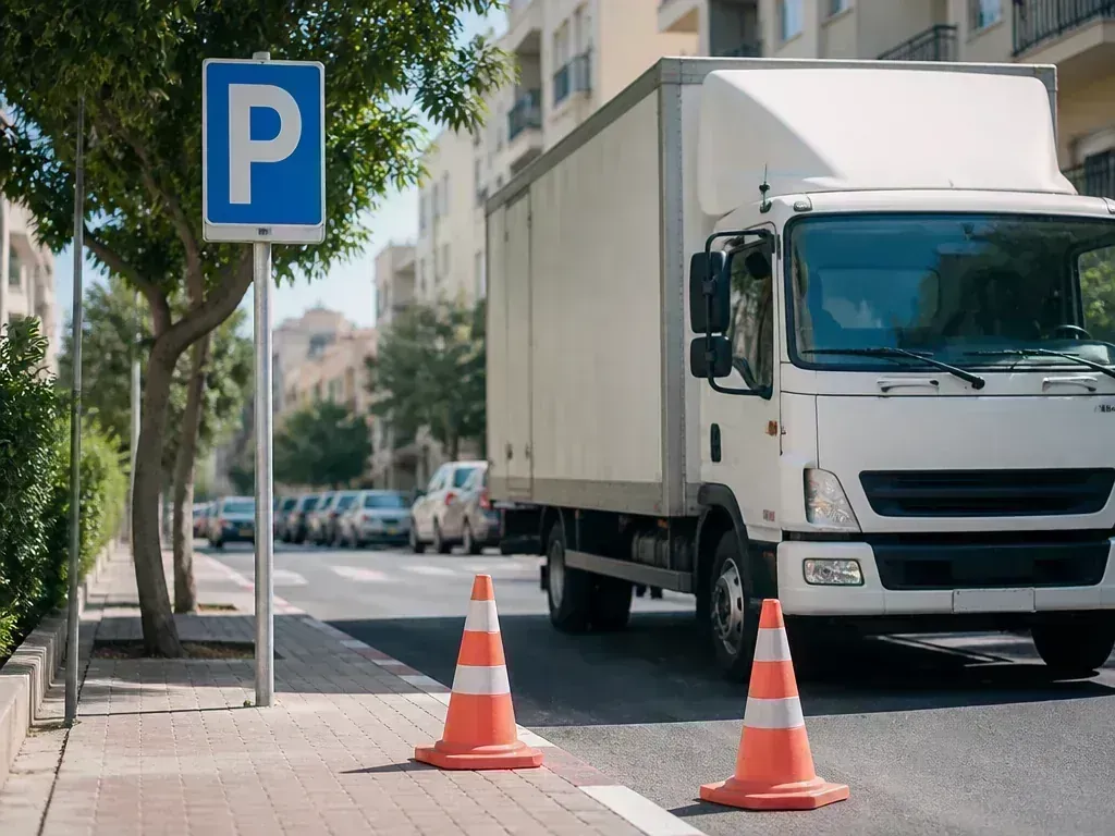 משאית הובלה חונה ברחוב צר עם שלט חניה זמנית