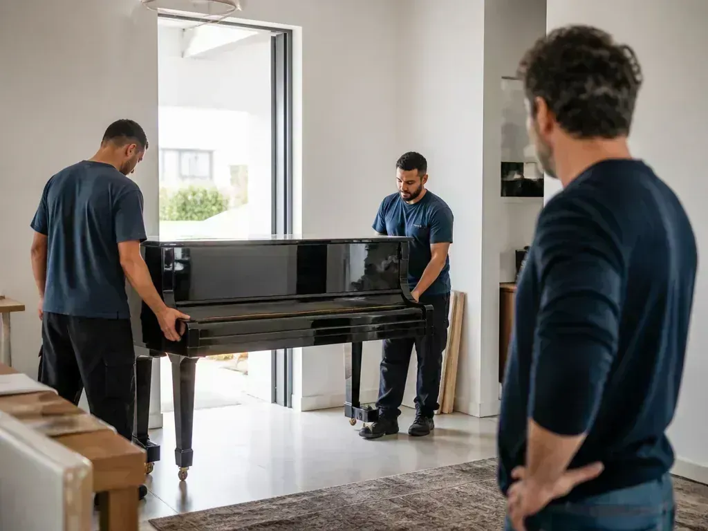 טכנאי מכוון פסנתר לפני הובלה - תקריב על מיתרים ופטישים
