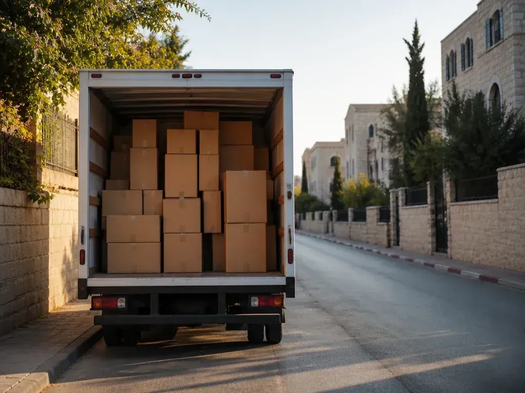 משאית הובלה ברחוב ירושלמי בלילה במוצאי שבת - נרות הבדלה ותיבות אריזה