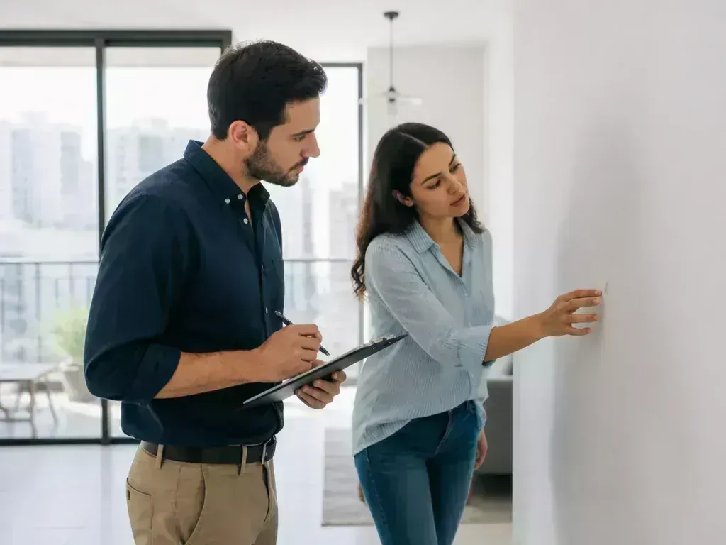 שכן ובעל דירה בודקים שריטות בקיר מסדרון